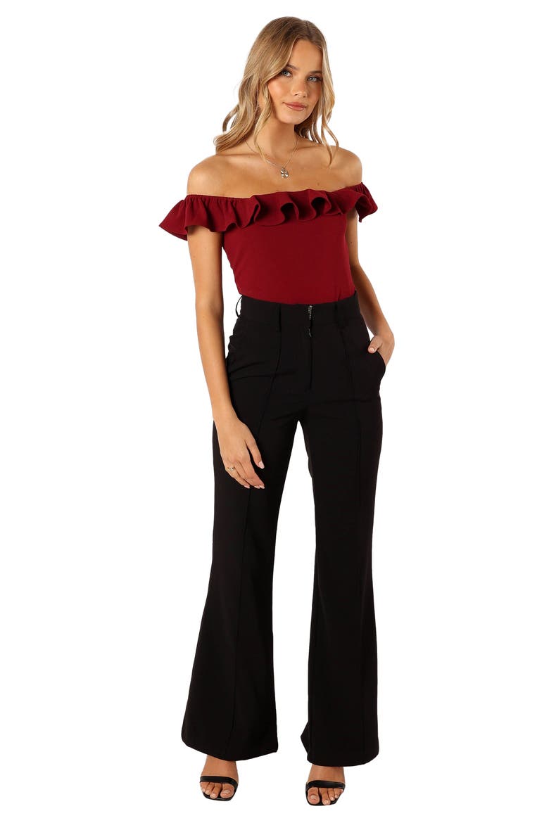 Mikaela Ruffle Bodysuit, Alternate, color, DARK RED