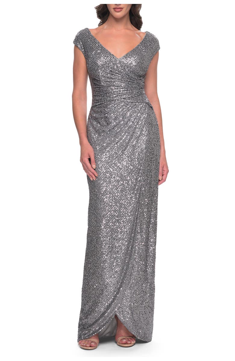 La Femme Sequin Evening Dress with Ruching and V Neckline, Main, color, Silver