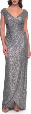 La Femme Sequin Evening Dress with Ruching and V Neckline