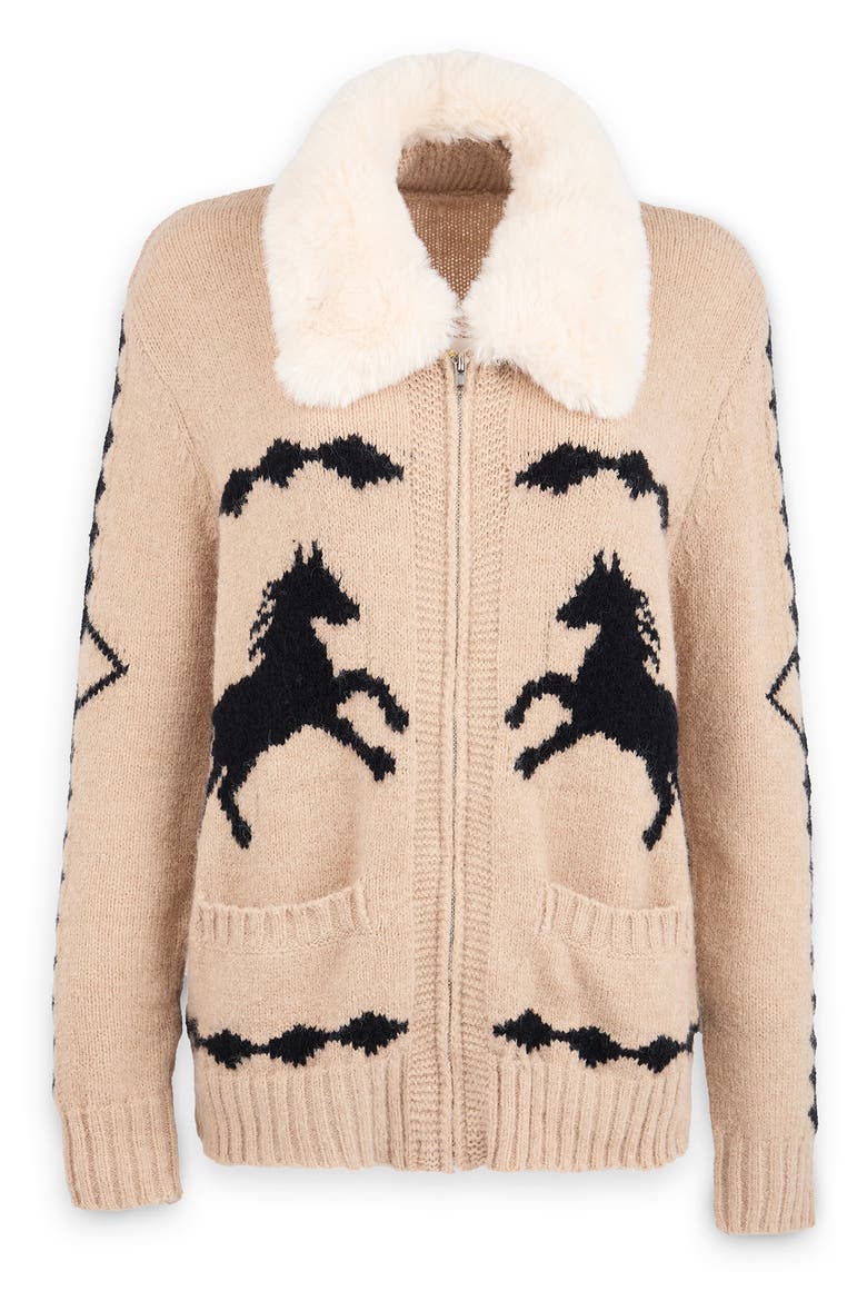 Horse Motif Cardigan with Faux Fur Collar, Main, color, BEIGE