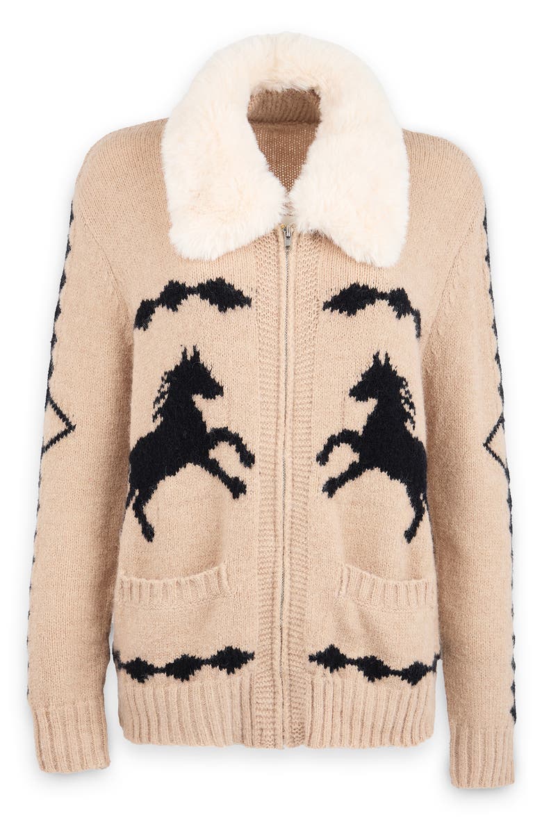 SAACHI Horse Motif Cardigan with Faux Fur Collar, Main, color,