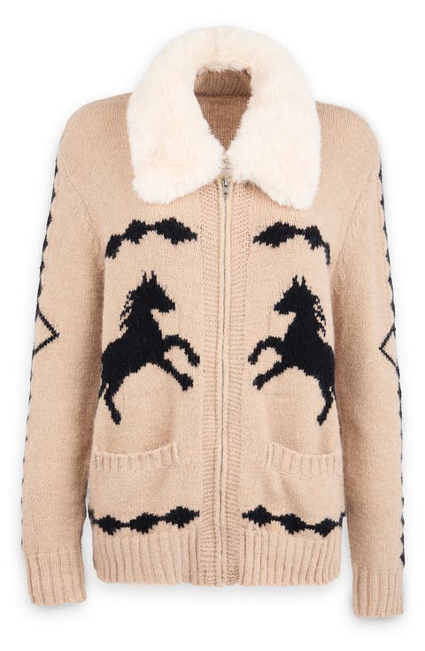 Horse Motif Cardigan with Faux Fur Collar