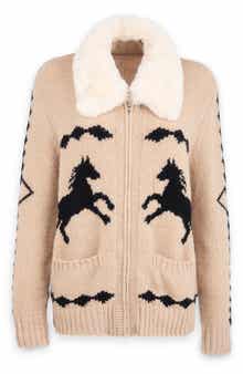 SAACHI Horse Motif Cardigan with Faux Fur Collar