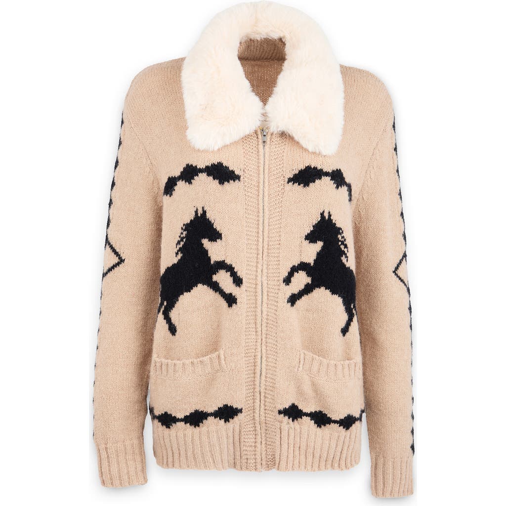Saachi Horse Motif Cardigan With Faux Fur Collar In Neutral