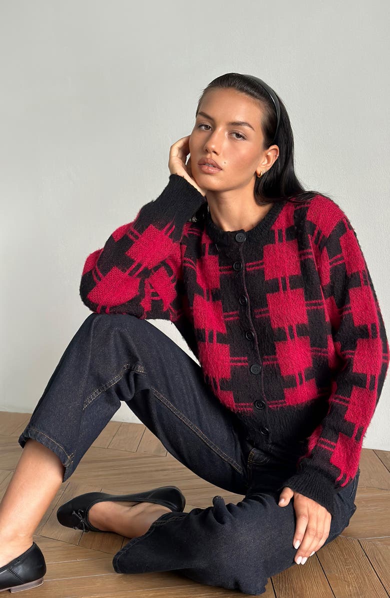 Motel Anzio Checkered Cardigan, Alternate, color, Black And Red Check
