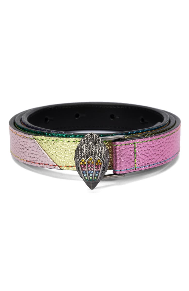 Kurt Geiger London Crystal Buckle Metallic Rainbow Belt, Main, color, 