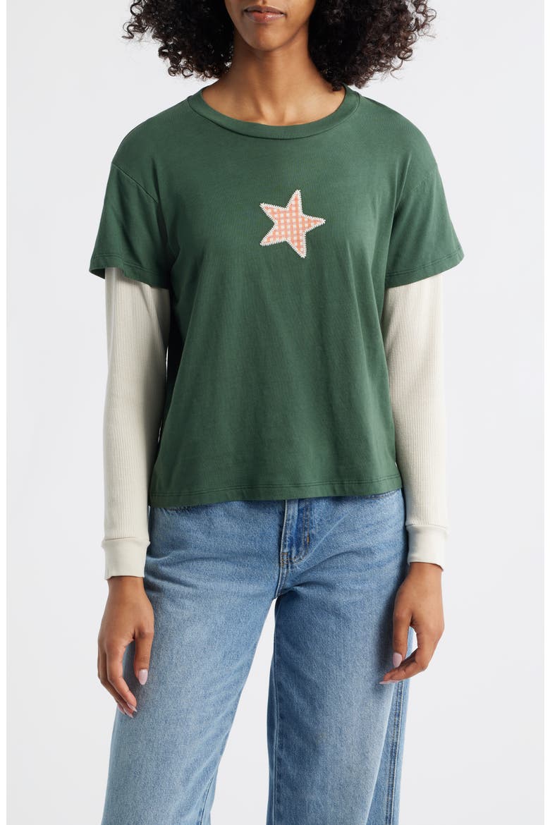 Appliqué Star Layered Long Sleeve T-Shirt, Main, color, DEEP GREEN