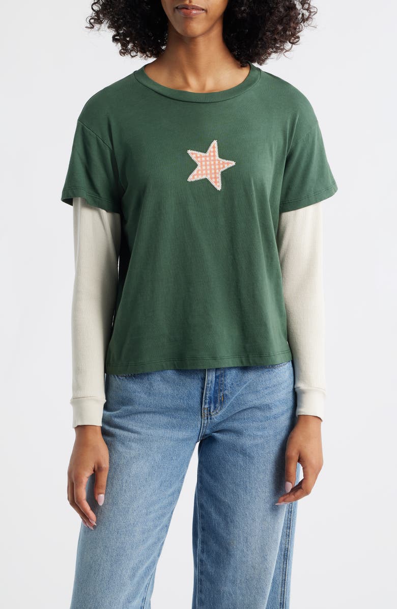 Daydreamer Appliqué Star Layered Long Sleeve T-Shirt, Main, color, Deep Green