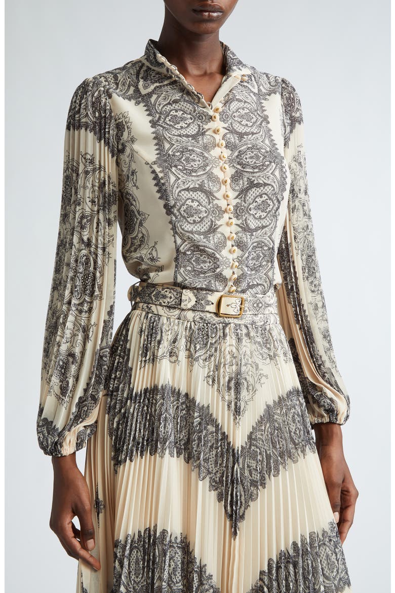 Sunray Pleated Button-Up Shirt, Alternate, color, TEA PAISLEY