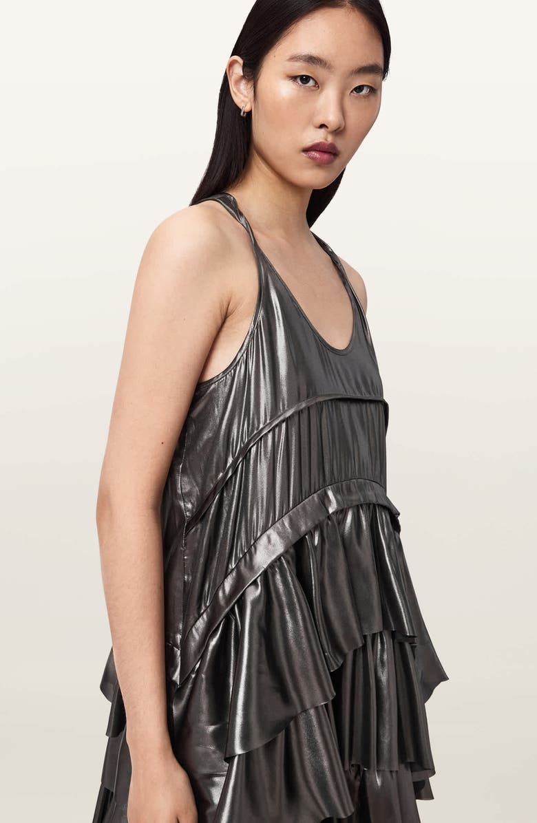 AllSaints Ruffle Racerback Tank Dress, Alternate, color, Metallic Silver