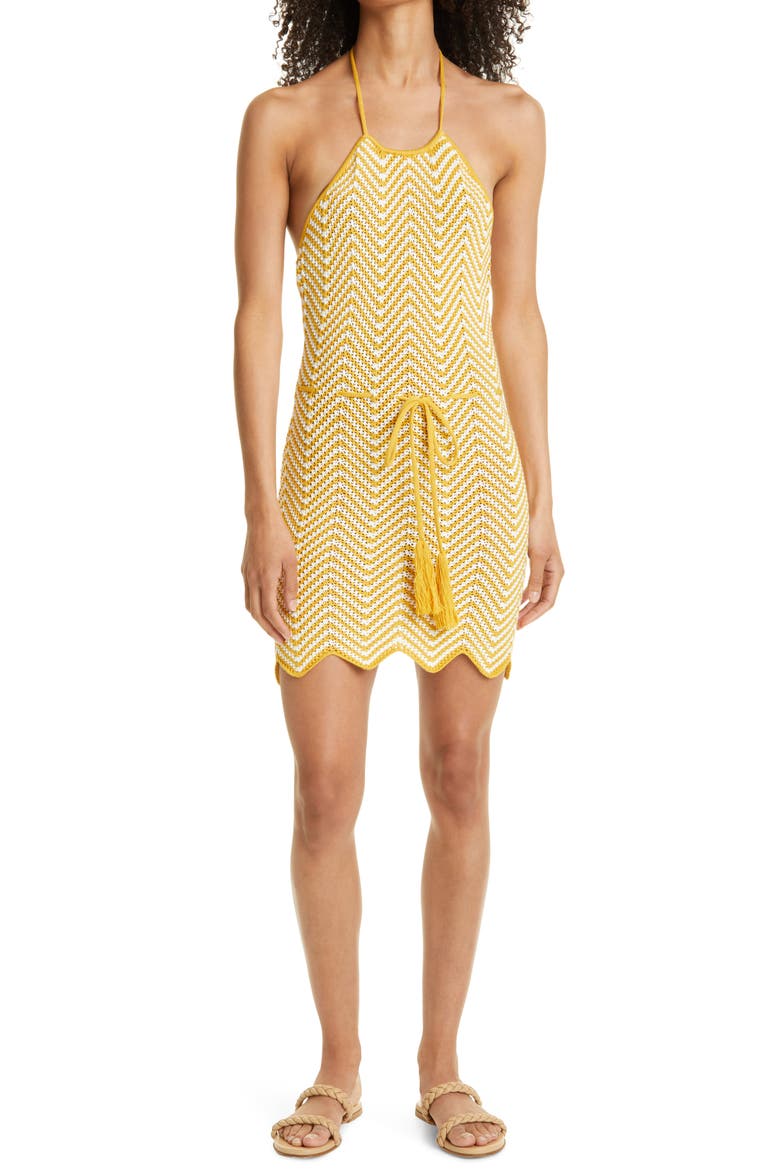 Chantal Tie Waist Halter Knit Minidress, Main, color, CANARY MULTI