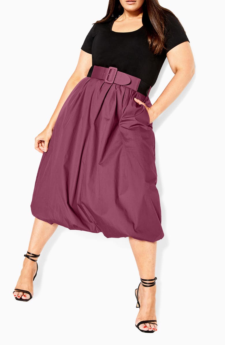 City Chic Paris Days Mixed Media Bubble Hem Belted Dress, Main, color, Rose Print