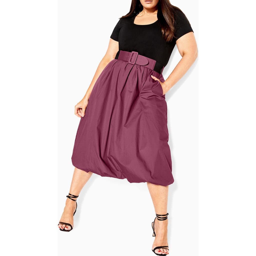 City Chic Paris Days Mixed Media Bubble Hem Belted Dress In Pink