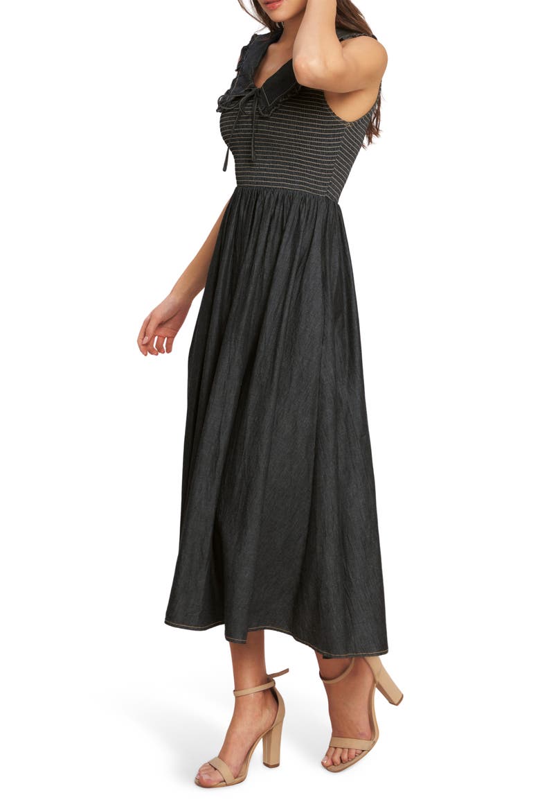 Ruffle Collar Sleeveless Fit & Flare Denim Midi Dress, Alternate, color, DARK INDIGO