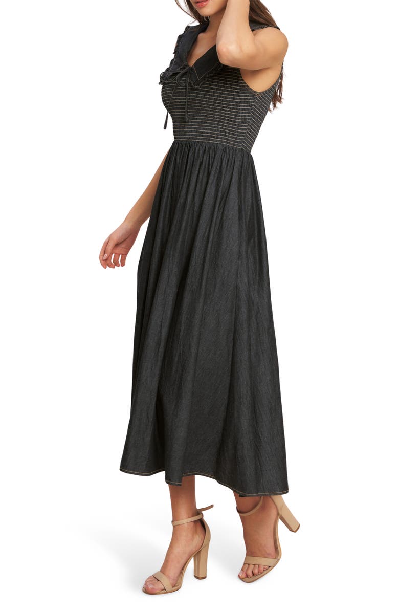 FLYING TOMATO Ruffle Collar Sleeveless Fit & Flare Denim Midi Dress, Alternate, color, Dark Indigo