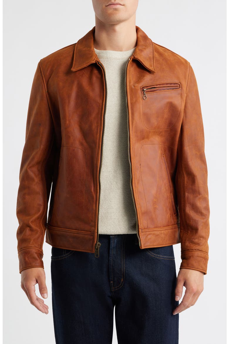 Lightweight Vintage Oil Tanned Unlined Cowhide Leather Trucker Jacket, Main, color, WHISKEY