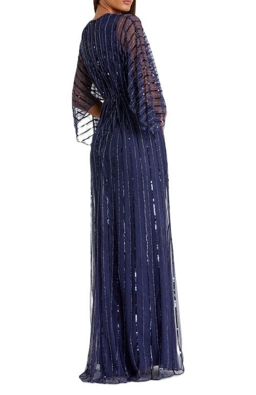Mac Duggal Beaded Striping Kimono Sleeve V-neck Gown In Navy