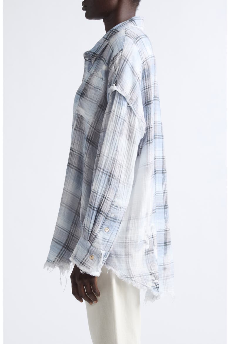 Shredded Seam Drop Neck Plaid Flannel Button-Up Shirt, Alternate, color, BLUE BLEACHED PLAID