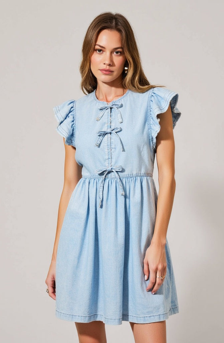 Modenaire Sleeveless Ruffle Denim Mini Dress with Bow-Tie Front, Main, color, Blue