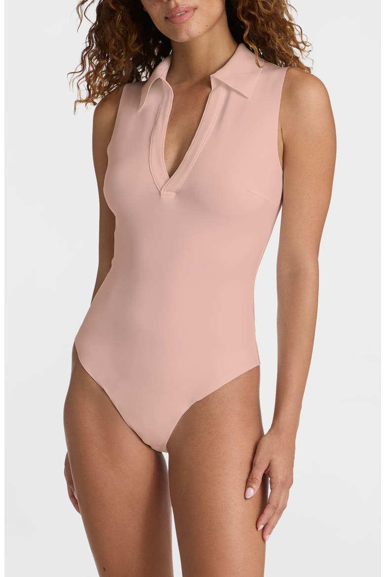 Sleeveless V-Neck Polo Neoprene Bodysuit, Main, color, DESERT ROSE
