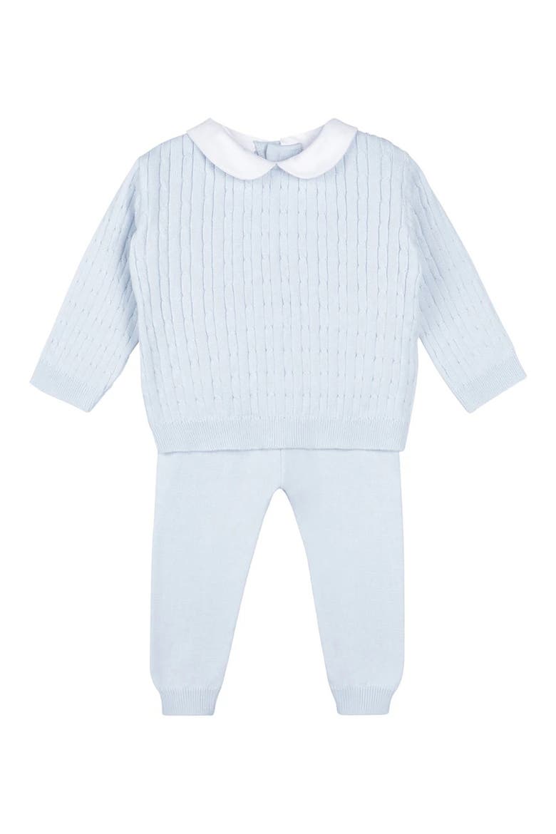 Peter Pan Cotton Cable Knit Sweater & Pants Set, Main, color, BLUE