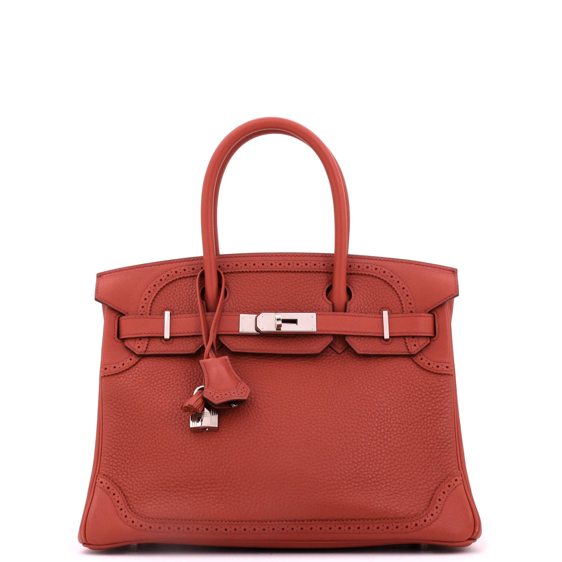 Pre-Owned Hermes Birkin Ghillies Bag Orange Clemence and Evercolor with Palladium Hardware 30, Main, color, Brique