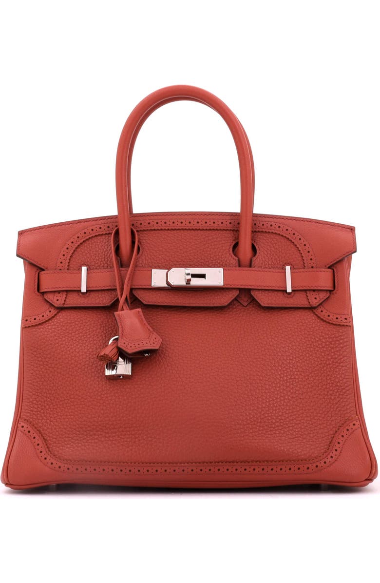 Pre-Owned Hermes Birkin Ghillies Bag Orange Clemence and Evercolor with Palladium Hardware 30, Main, color, Brique