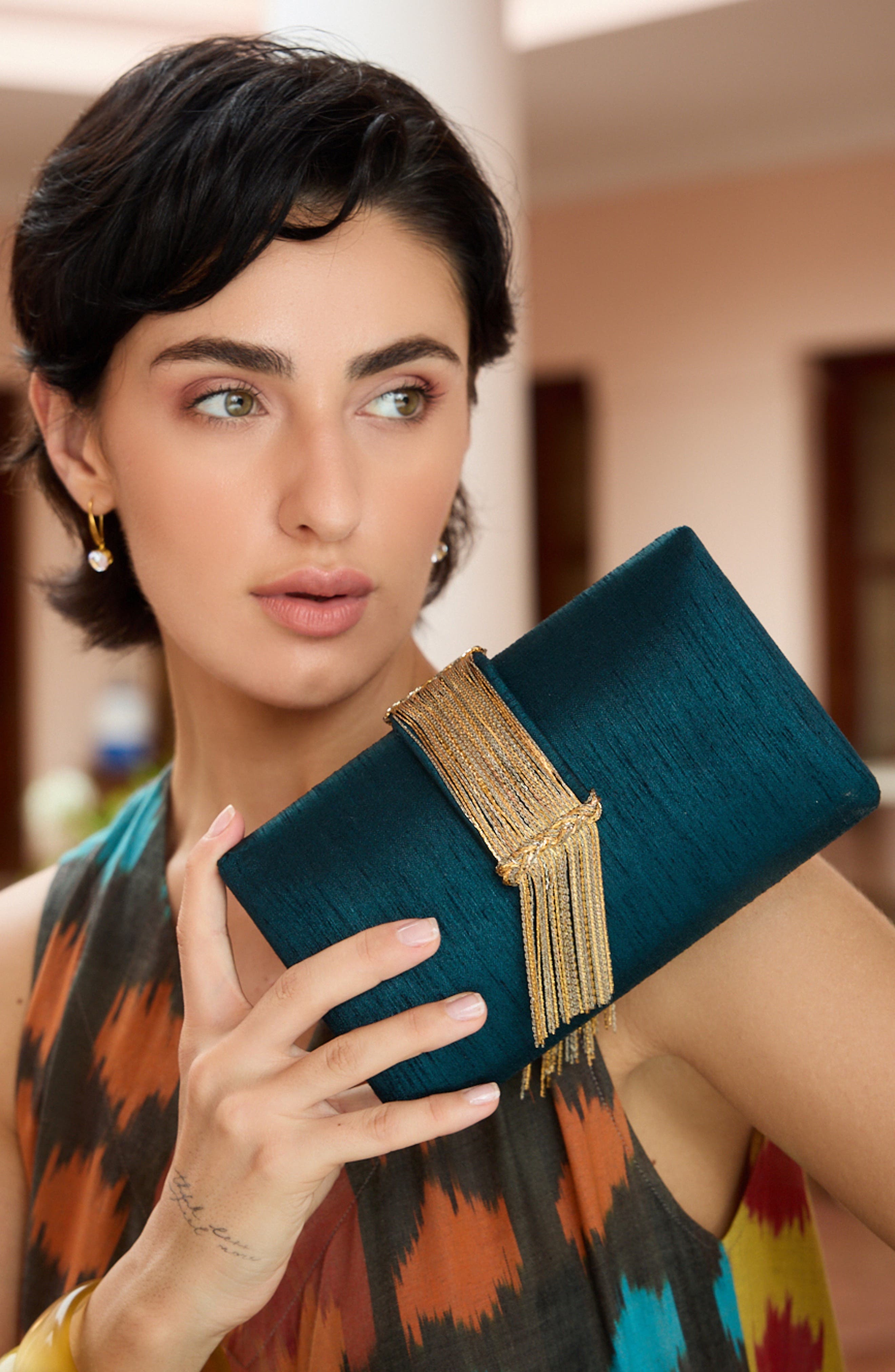 Simitri Jewel Fringe Clutch, Alternate, color, Teal