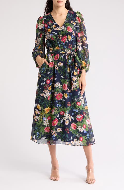 Floral Print Long Sleeve Chiffon Midi Dress