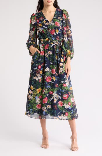 Anne Klein Floral Print Long Sleeve Chiffon Midi Dress In Distant Mountain Multi