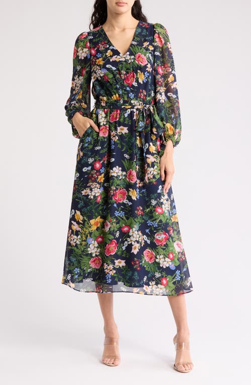 Anne Klein Floral Print Long Sleeve Chiffon Midi Dress In Distant Mountain Multi