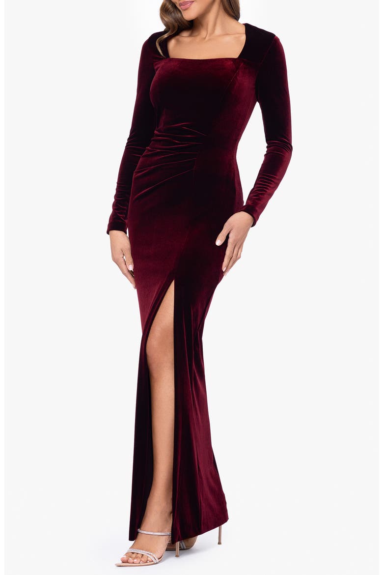 Long Sleeve Stretch Velvet Gown, Alternate, color, BURGUNDY