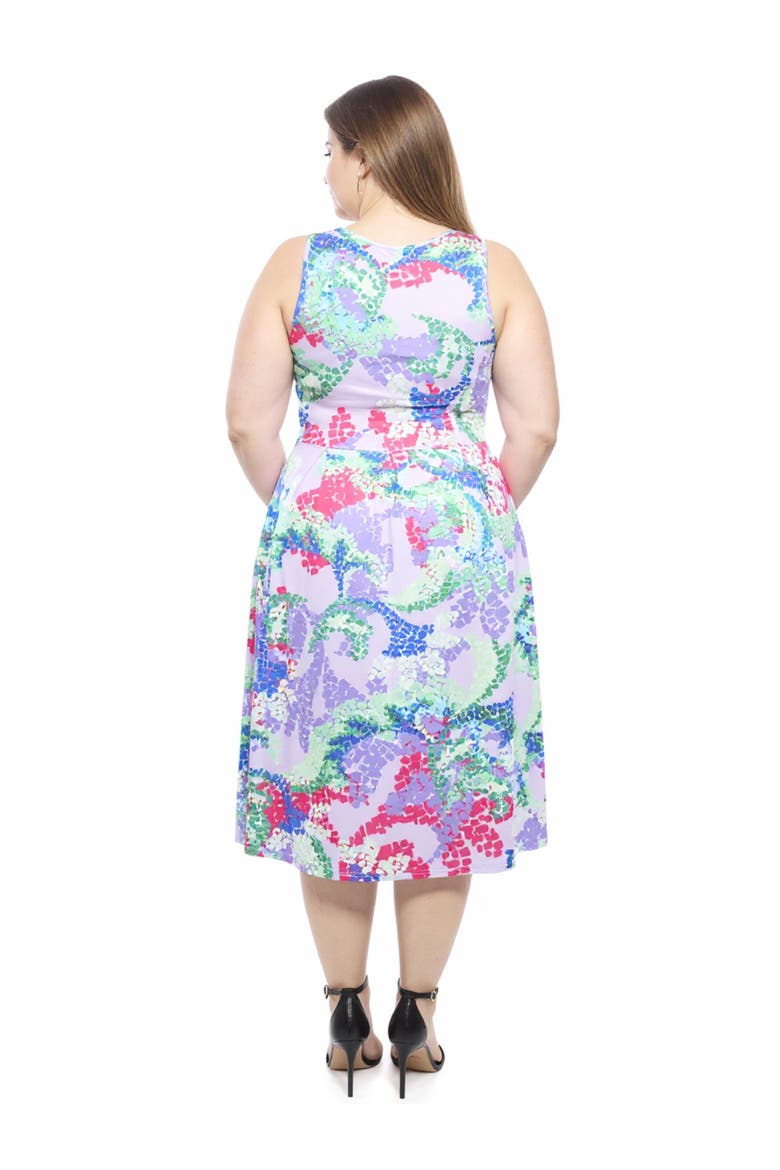 Plus Size Abstract V-Neck Sleeveless Pleated Pocket Midi Fit N Flare Dress, Alternate, color, Purple Multi