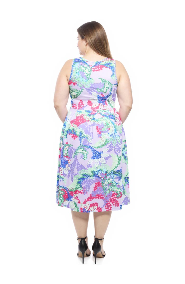 24seven Comfort Apparel Plus Size Abstract V-Neck Sleeveless Pleated Pocket Midi Fit N Flare Dress, Alternate, color, Purple Multi