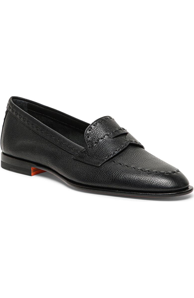 Santoni Women's tumbled leather penny loafer, Main, color, Black