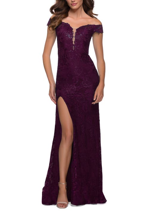 Lace Off the Shoulder Gown with Deep V Neckline