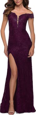 La Femme Lace Off the Shoulder Gown with Deep V Neckline