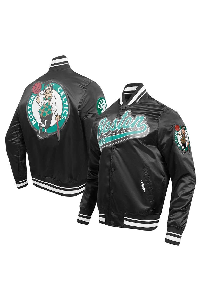 Men's Pro Standard Black Boston Celtics Script Tail Full-Snap Satin Varsity Jacket, Main, color, Black
