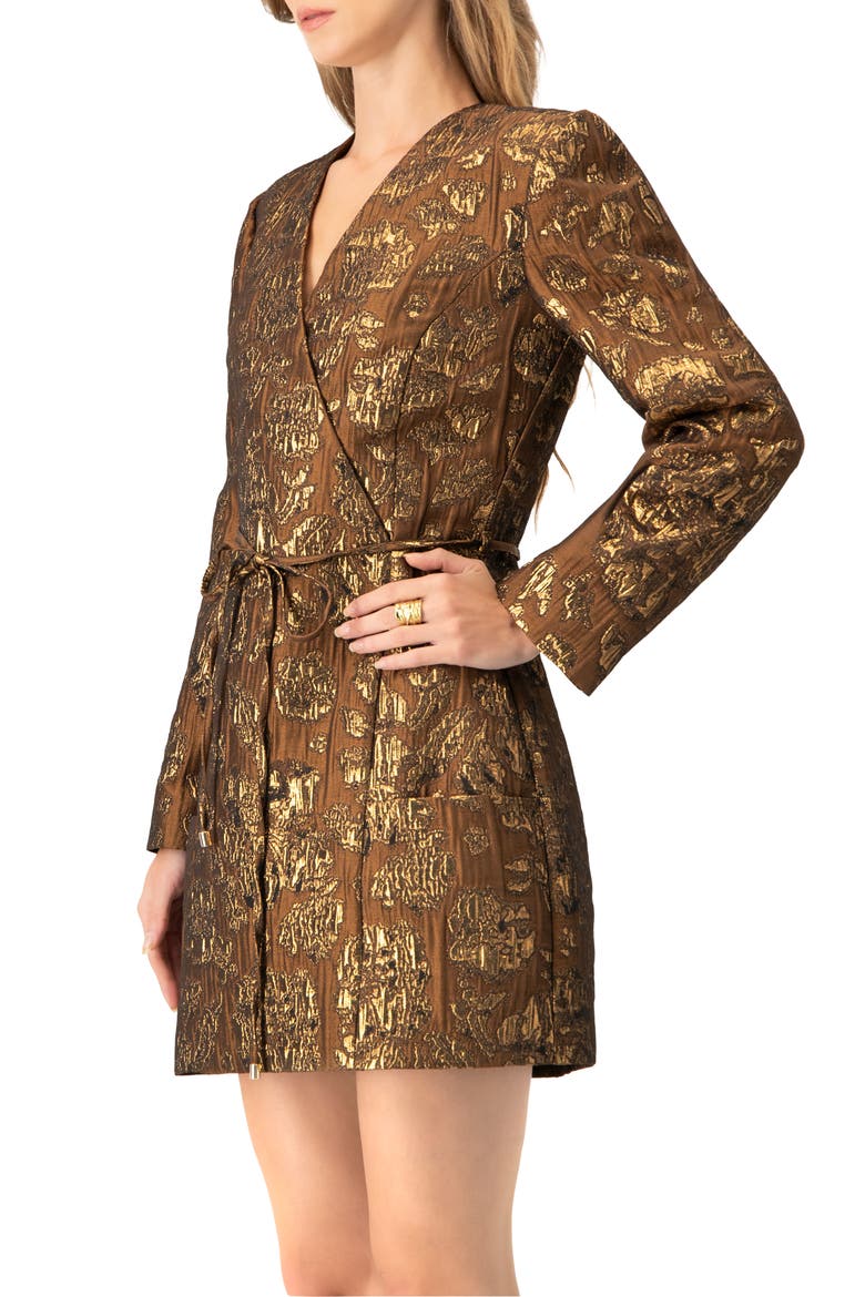 Jacquard Short Crossed V-Neck Dress with Pockets, Alternate, color, Brown