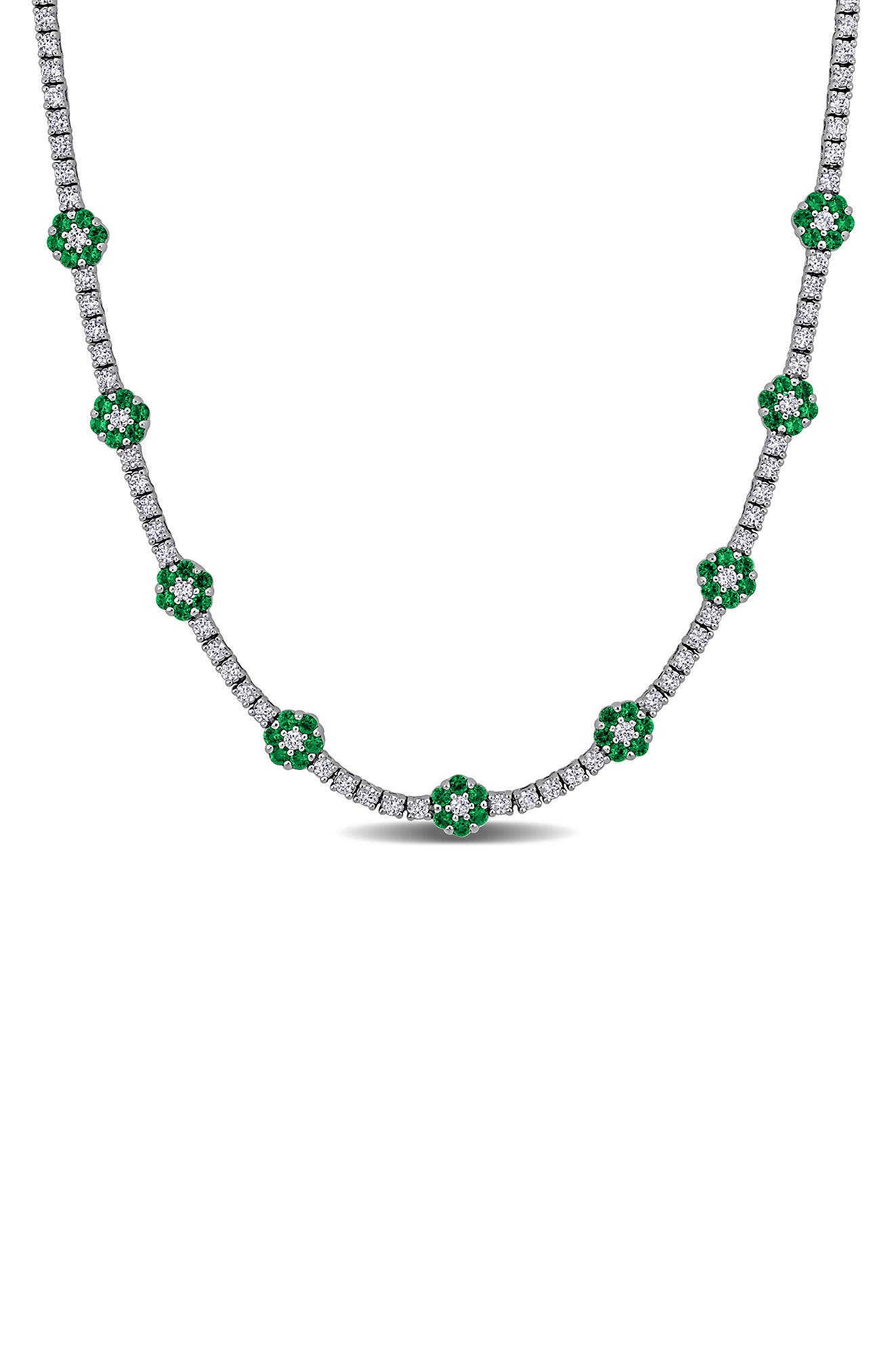 Sterling Silver Created Emerald Flower Station Necklace