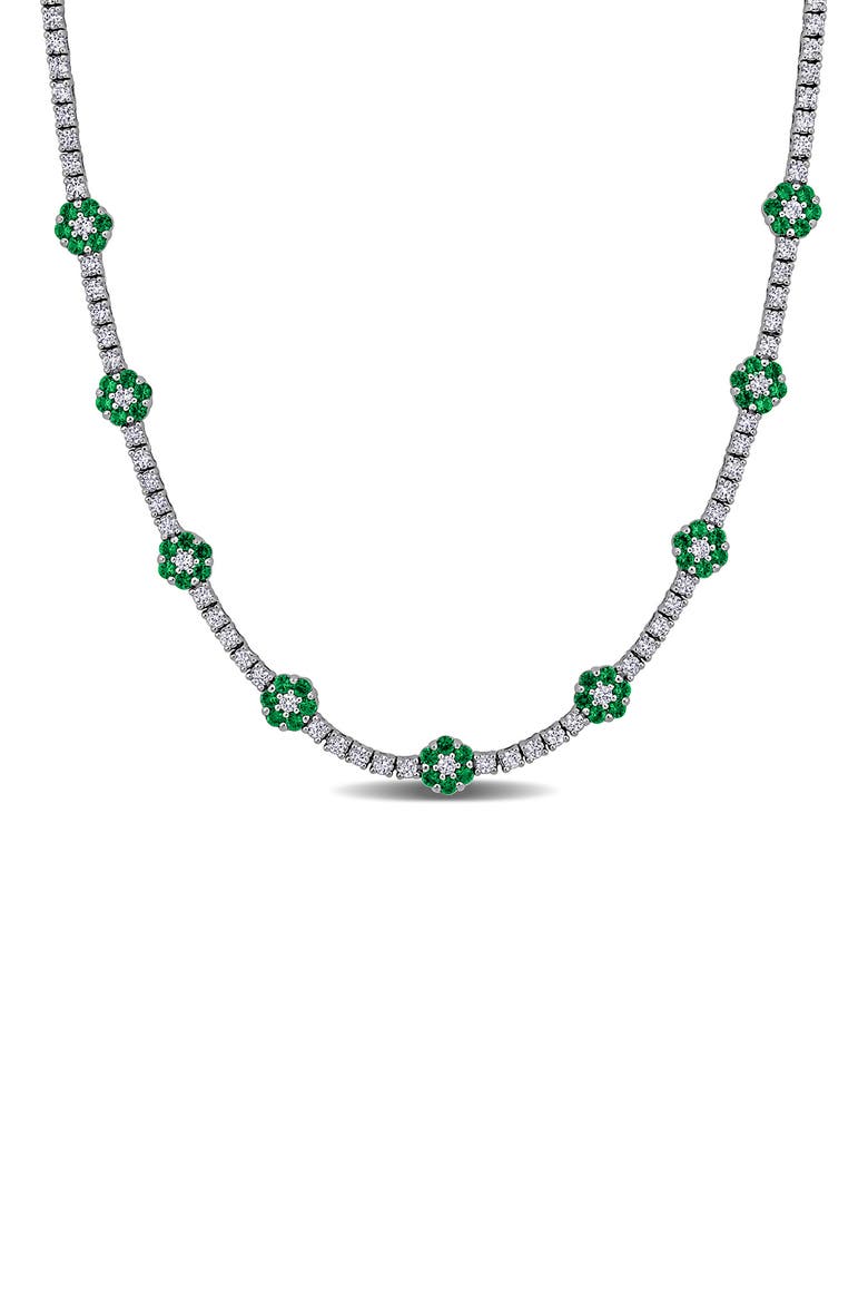 Sterling Silver Created Emerald Flower Station Necklace, Main, color, GREEN