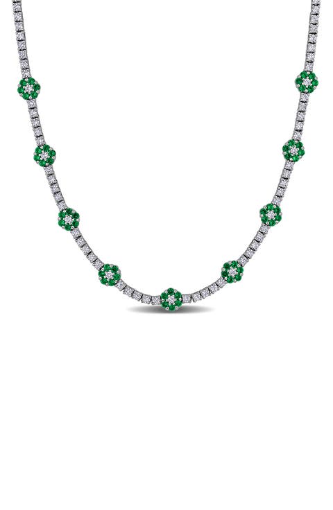Sterling Silver Created Emerald Flower Station Necklace