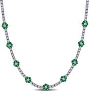 DELMAR Sterling Silver Created Emerald Flower Station Necklace