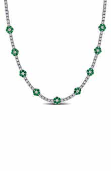 Sterling Silver Created Emerald Flower Station Necklace