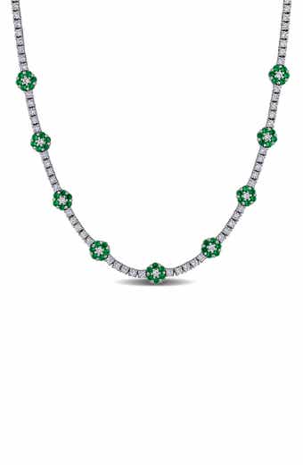 Sterling Silver Created Emerald Flower Station Necklace