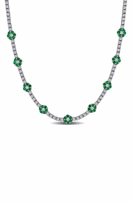 Sterling Silver Created Emerald Flower Station Necklace
