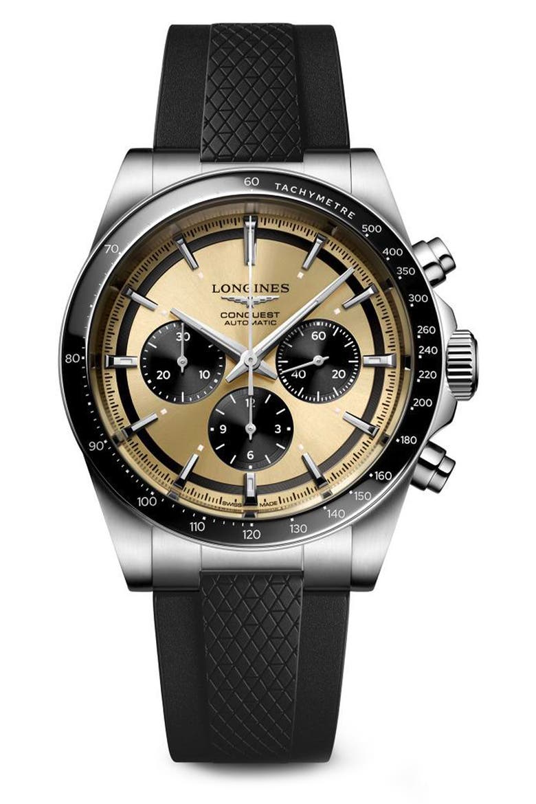 Conquest Automatic Chronograph Rubber Strap Watch, 42mm, Main, color, CHAMPAGNE