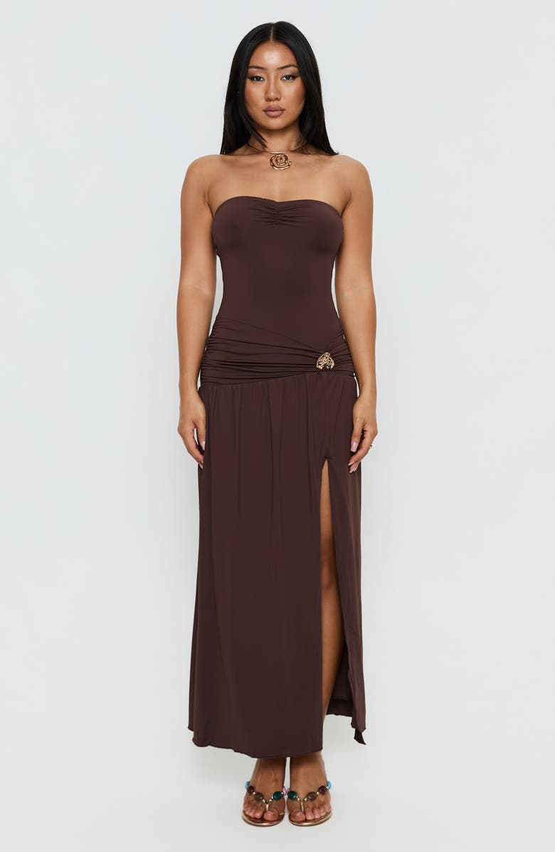 Princess Polly Alexe Ruched Strapless Maxi Dress, Alternate, color, Chocolate