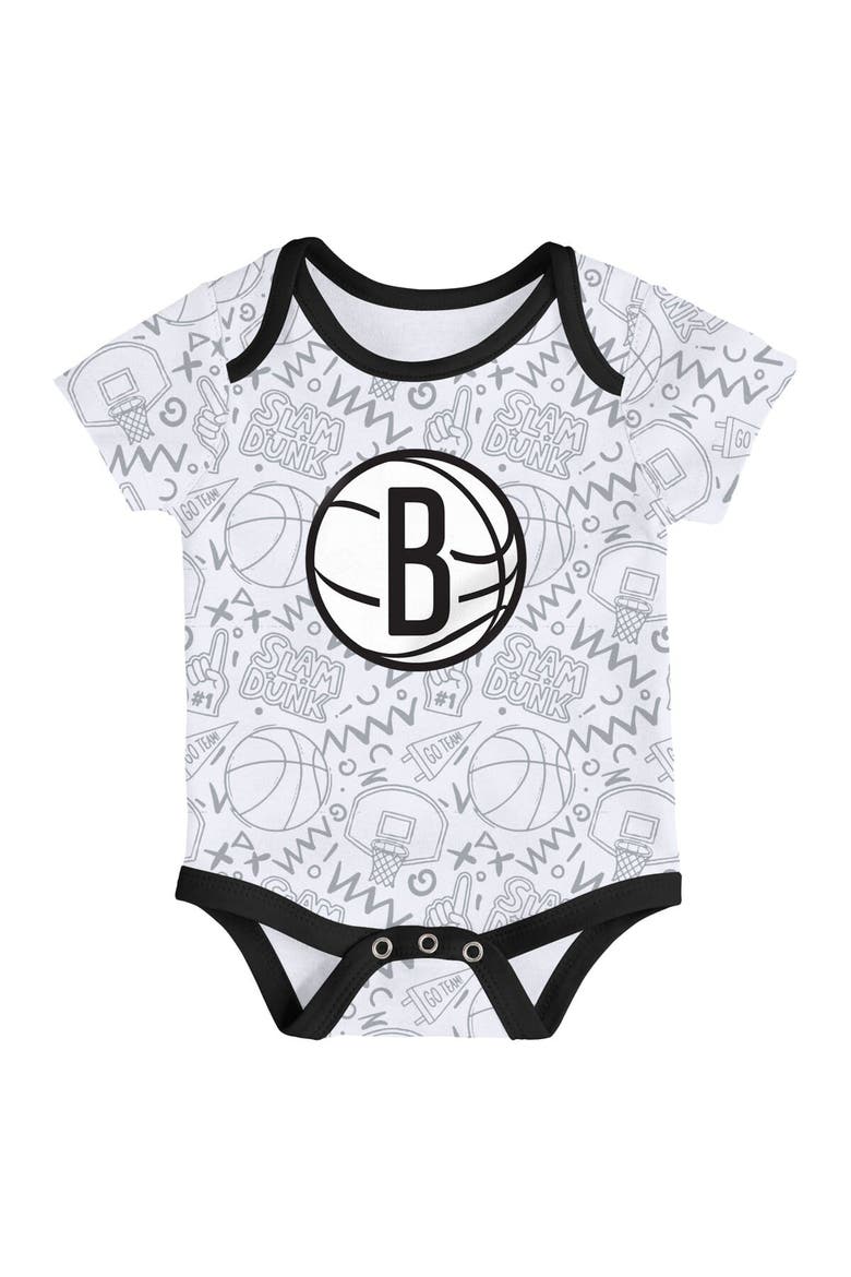 Infant Black/White/Gray Brooklyn Nets Slam Dunk 3-Piece Bodysuit Set, Alternate, color, Black