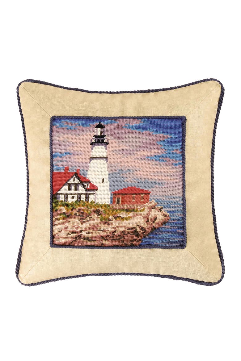 Lighthouse Needlepoint Accent Pillow, Main, color, Blue